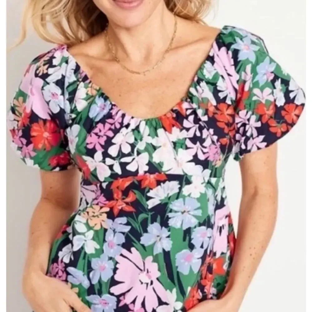 Old Navy Navy Floral Puff-Sleeve Blouse with Pink, Green & Red Flowers